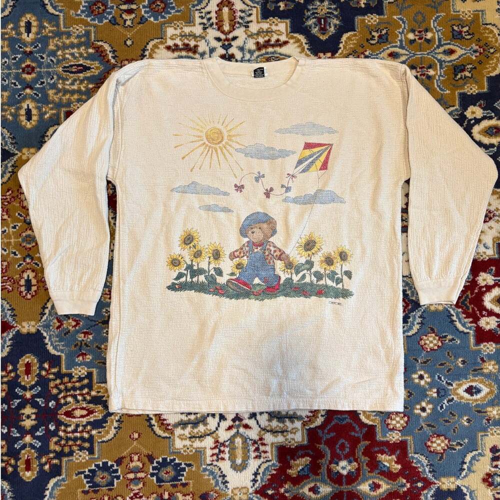 Vintage 90s Teddy Bear Sunflower Kite Long Sleeve Textured Knit Top XL/2X USA